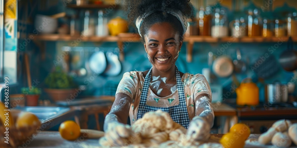 Obraz premium Flour-covered black woman kneading dough on a wooden table