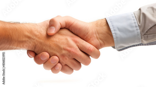 Close-up on a handshake between two executives, detailed textures and high realism, set against a minimalist white backdrop, representing successful business deals © otter2