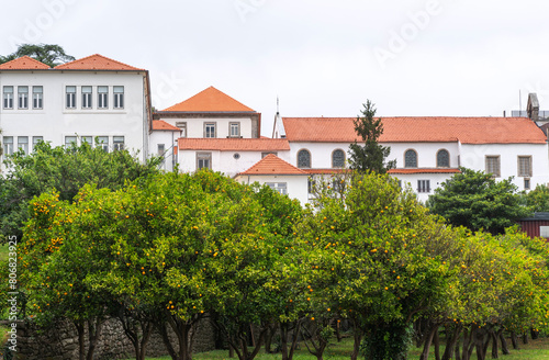 Historic building in old town Porto, Portugal. House facade of old historical building with windows. Exterior design of building with ornamental details.