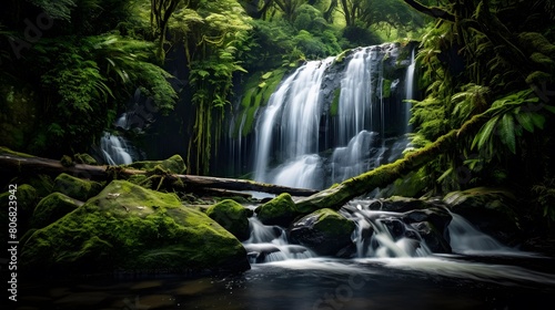Waterfall in the rainforest of New Zealand. Panorama.