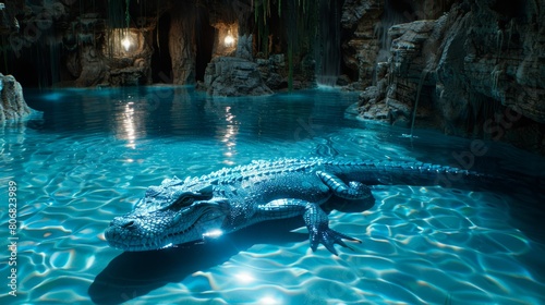  A large alligator swims in a pool of water, surrounded by a waterfall and a cave in the background