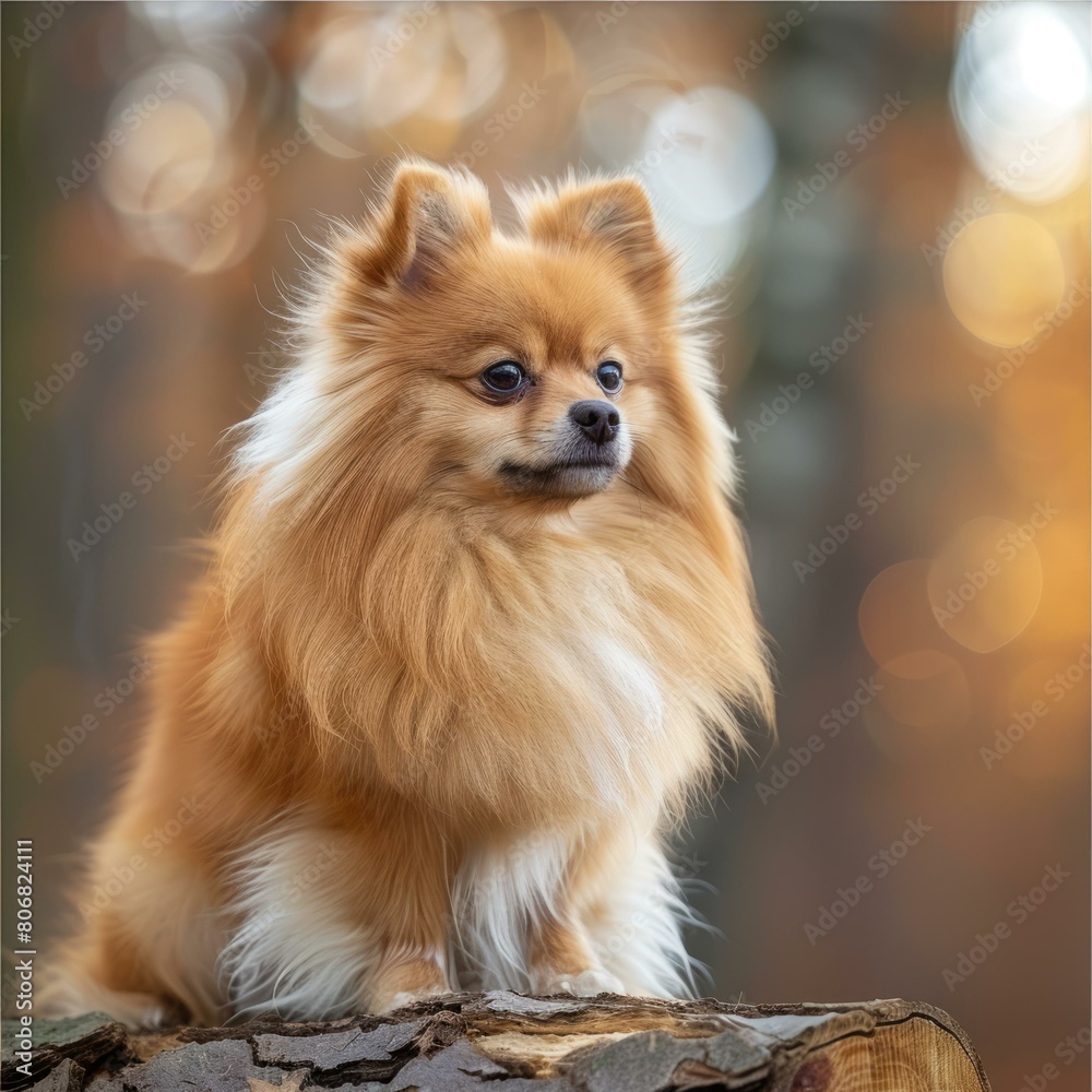 A cute Pomeranian dog sits on a log in the woods