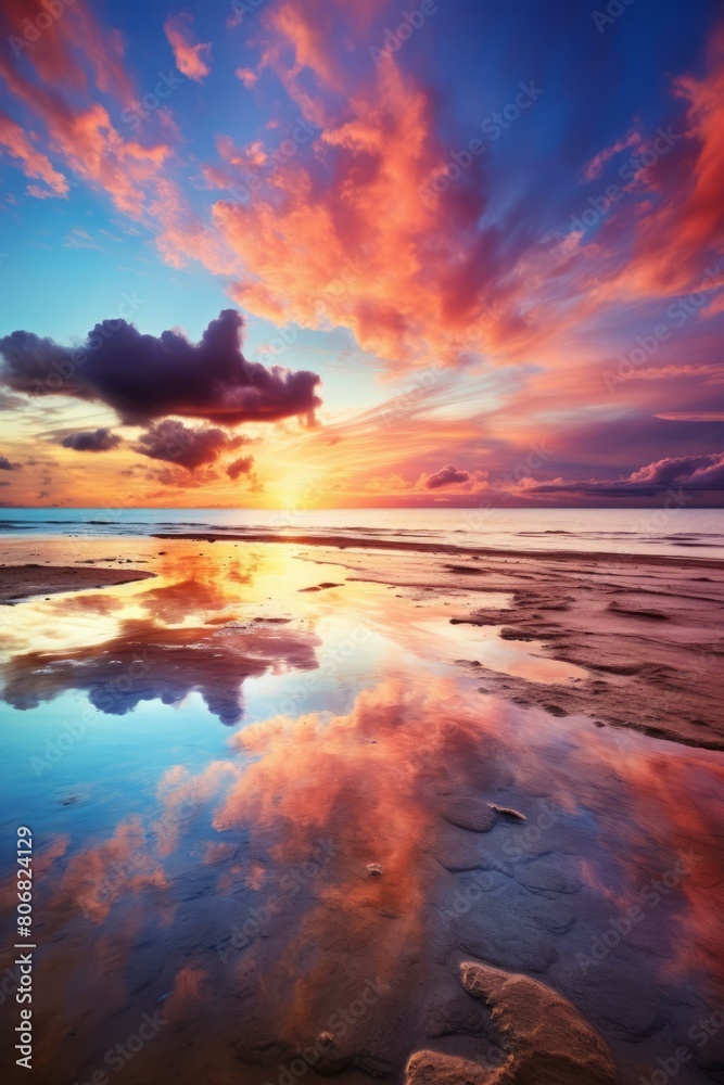colorful clouds reflecting on the sea at sunset
