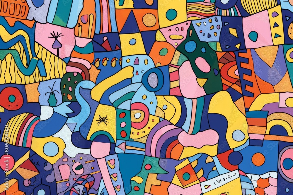 Obraz premium A front cover for a colouring book for toddlers called Shape and Pattern Playground, full of different shapes with various patterns within the shapes