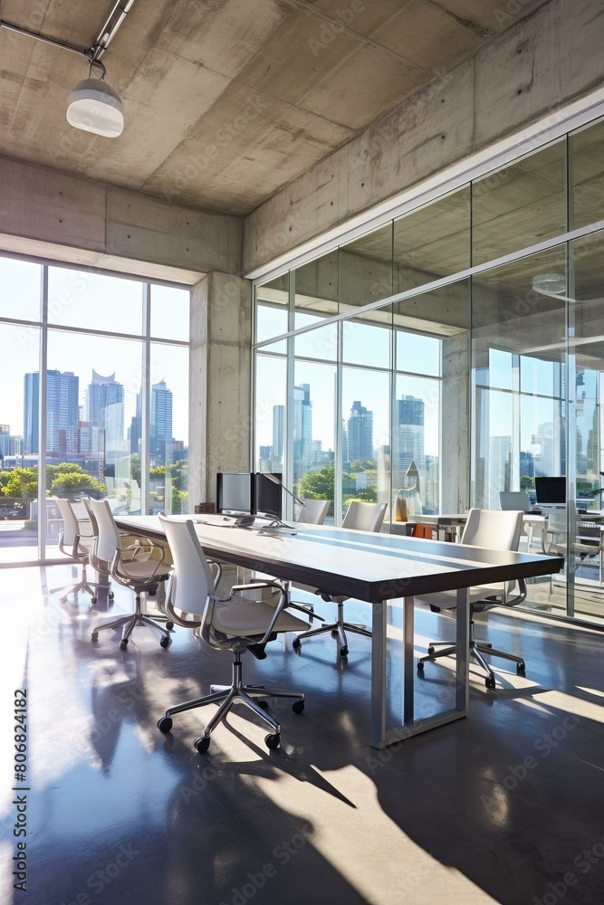 Fototapeta premium Modern office interior with large windows and city view