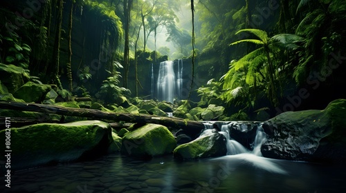 Panoramic image of a waterfall in the rainforest of Costa Rica