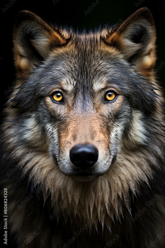 Portrait of a wet wolf staring at the camera