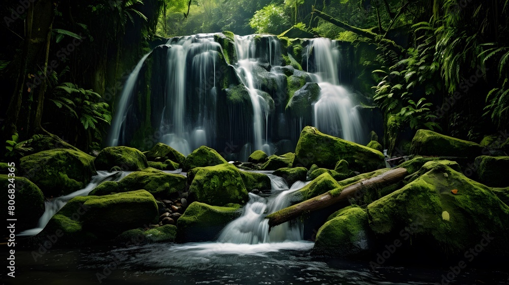 Panorama of a beautiful waterfall in the rainforest of Costa Rica
