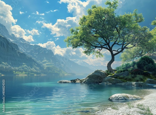 fantasy landscape with mountains lake and tree