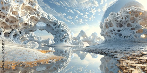 Surreal landscape with strange rock formations resembling organic structures photo