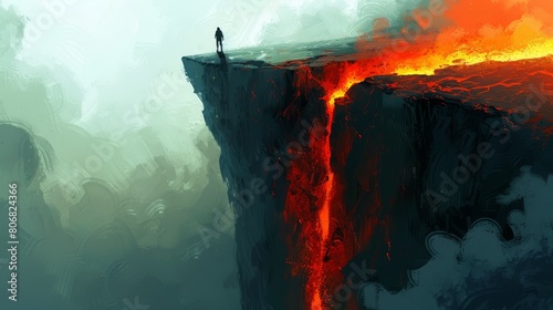   A man stands atop a cliff's edge, overlooking a cliff face where molten lava flows down its side photo