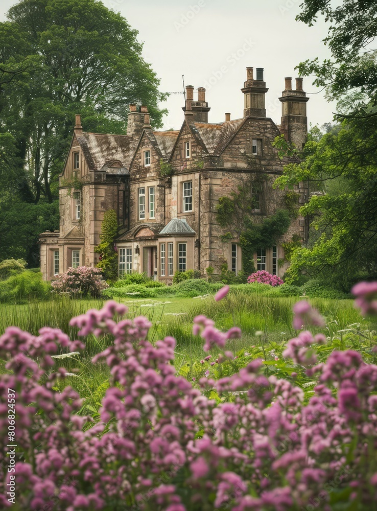 A beautiful stone house with a garden full of pink flowers