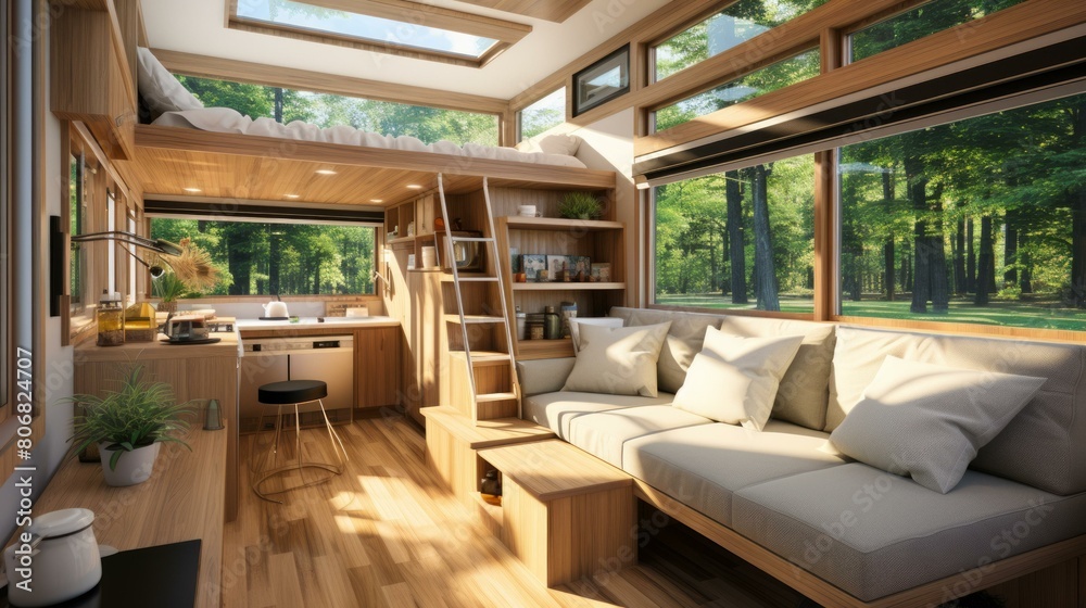 A cozy and modern small house surrounded by trees A cozy and modern small house surrounded by trees