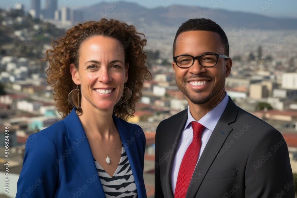 A man and a woman of African-American descent are smiling at the camera. A man and a woman of African-American descent are smiling at the camera.