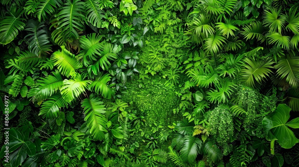 A lush, green forest teeming with numerous leafy plants lines the roadside, under the bright sun at midday A lush, green forest teeming with numerous leafy plants lines the roadside, under the bright sun at midday