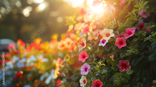 View of Beautiful Flower Plants in the Morning Garden, Blooming Floral Blossoms under Soft Sunlight, Serene Garden Landscape with Colorful Flowers, Generative AI   © Dzynee