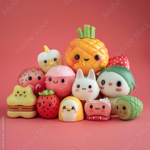A kawaii food sampler, delightfully arranged to tempt and entice, displayed as a model isolated on a solid background