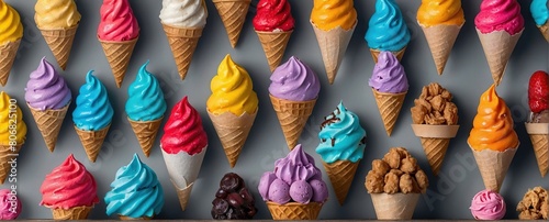 Ice cream scoop on waffle cone on transparent background cutout, ,Many assorted different flavour Mockup template for artwork design photo