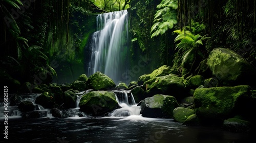 Panoramic view of a waterfall in a green tropical rainforest © Michelle