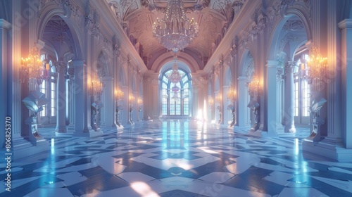 European-style palace hall with marble floor and crystal chandelier