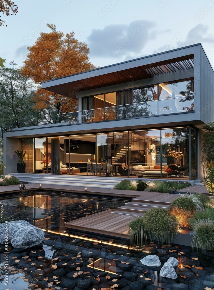 Fototapeta premium Modern House Exterior With Pool And Garden