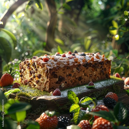 Close up of a delicious fruitcake on a table in the woods
