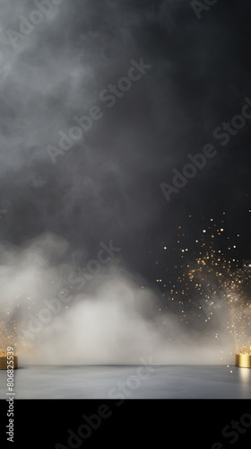 Silver smoke empty scene background with spotlights mist fog with gold glitter sparkle stage studio interior texture for display products blank 