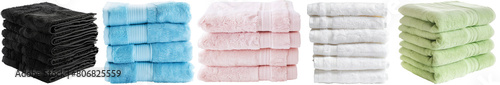 Towel stack collection in different colours, black, blue, pink, white and green, isolated on a transparent background