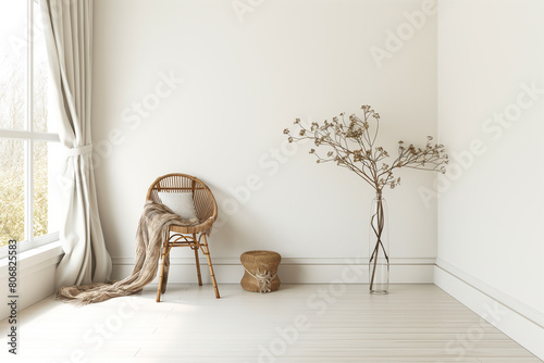 Interior dengan kursi rotan dan tanaman dalam vas dengan latar belakang dinding putih photo