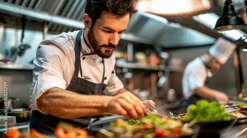Focused male chef carefully plating food in commercial kitchen