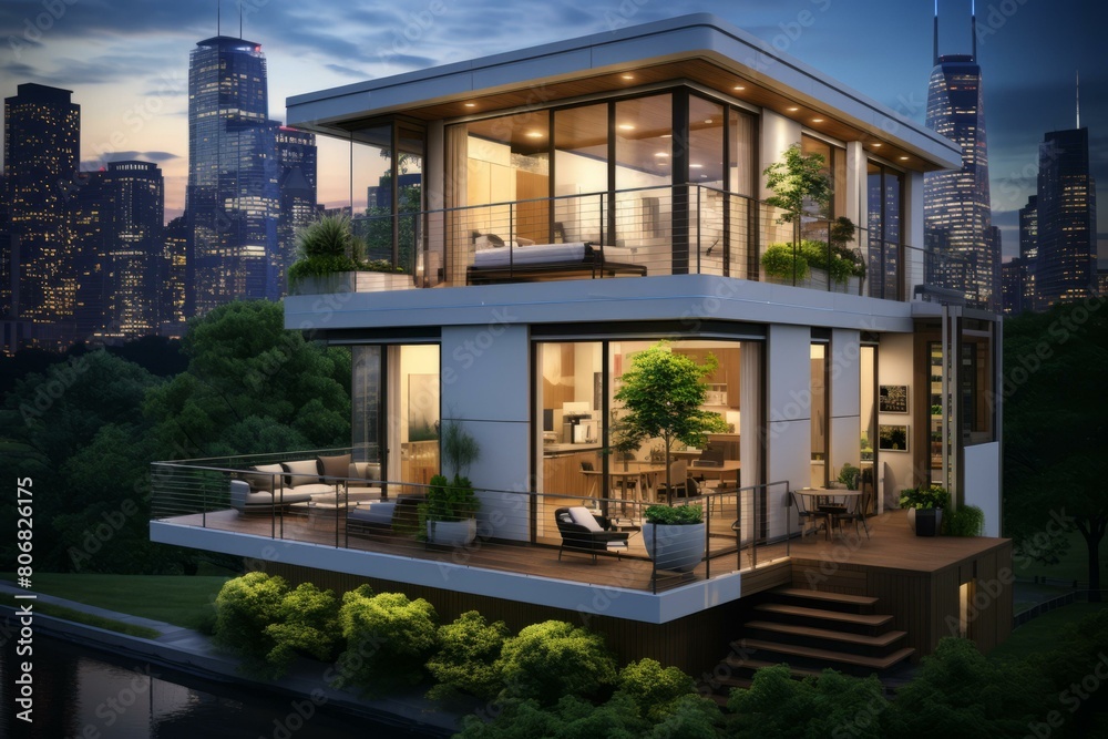 Fototapeta premium A modern house with a city view