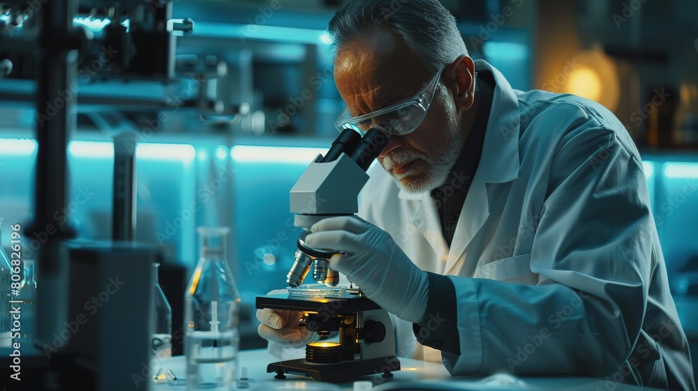 Senior Male Scientist Using Microscope, Analyzing Samples in Large Pharmaceutical Laboratory Conducting Biotechnology Research Senior Male Scientist Using Microscope, Analyzing Samples in Large Pharmaceutical Laboratory Conducting Biotechnology Research