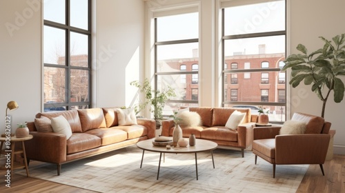 A stylish living room with a large leather sofa  coffee table  and plants