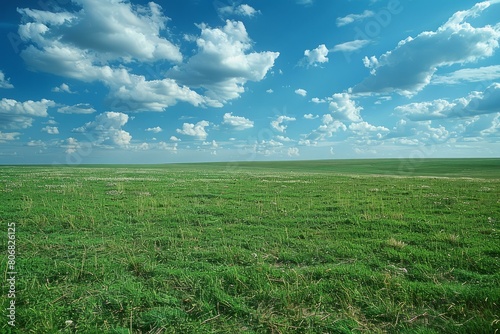 Grassland under blue sky and white clouds photo
