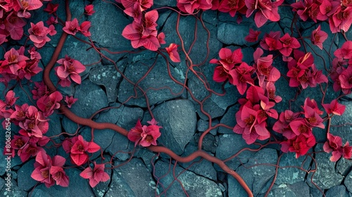   A red flower bundle emerges from a rock wall fissure, framed by a tree branch in its center