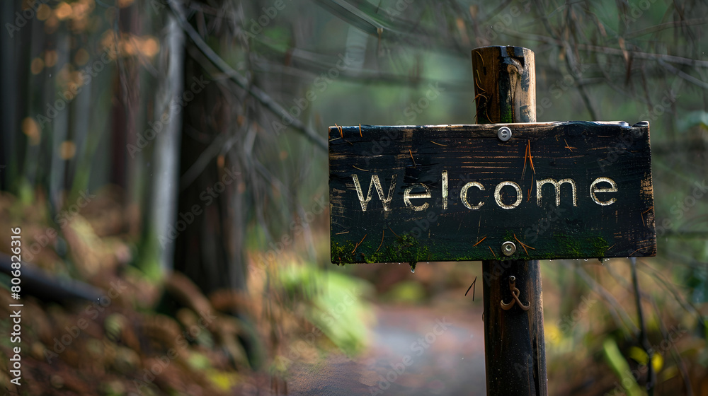 Welcome Sign on a Wooden Board in the Middle of a Forest Clearing, Rustic Entrance Signage in Natural Setting, Vintage Wood Welcome Board, Generative AI

