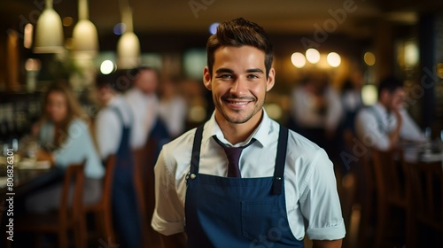 Portrait of a waiter in a busy restaurant