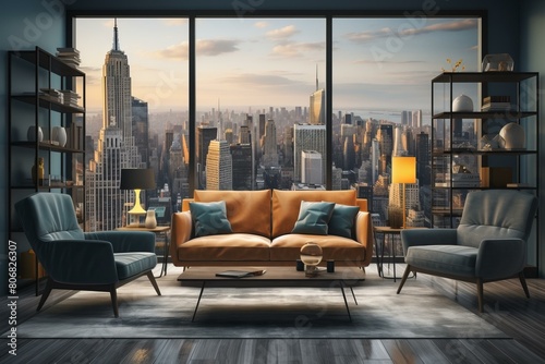 A modern living room with a view of the city