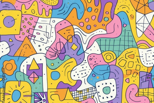 A front cover for a colouring book for toddlers called Shape and Pattern Playground, full of different shapes with various patterns within the shapes