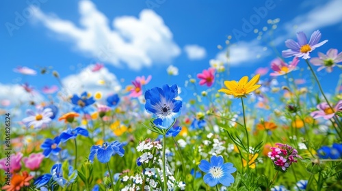  A meadow brimming with vibrant wildflowers beneath a cerulean sky, dotted with fluffy white clouds on a sunlit day