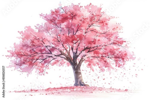 A kawaii watercolor of a cherry blossom tree, simple clipart isolated white background © Watercolor_Kawaii