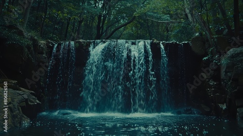   A waterfall, situated in a forest, pours copiously from its upper reaches photo