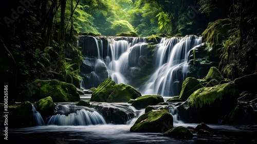 Waterfall in the forest  long exposure. Panoramic image