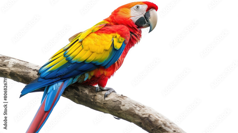 A vibrant parrot with colorful feathers is sitting on a tree branch, showcasing its striking plumage