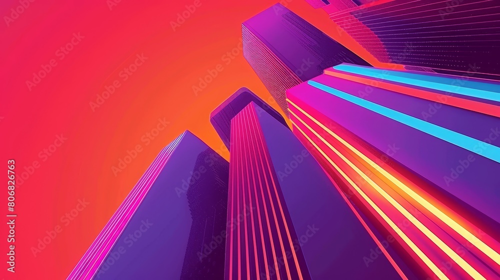   A collection of towering structures, adorned with neon-lit lines along their sides, against a backdrop of a fiery red sky