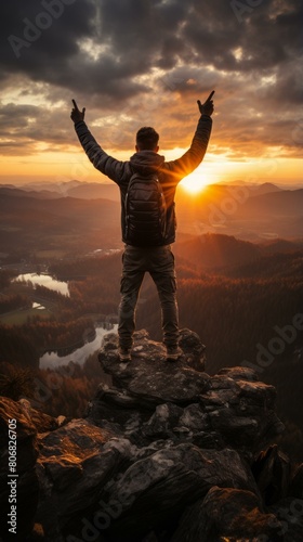 Man on top of a mountain raising his hands in victory