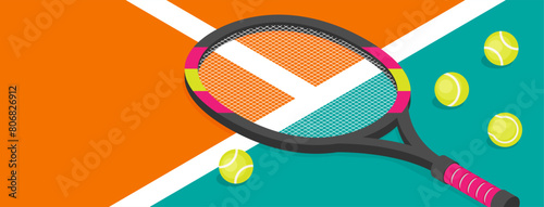 Stands on tennis court with tennis racket and tennis ball