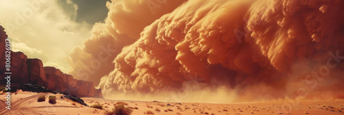 A vast desert landscape with a towering cloud of dust spreading across the horizon, obfuscating the view of the surroundings photo