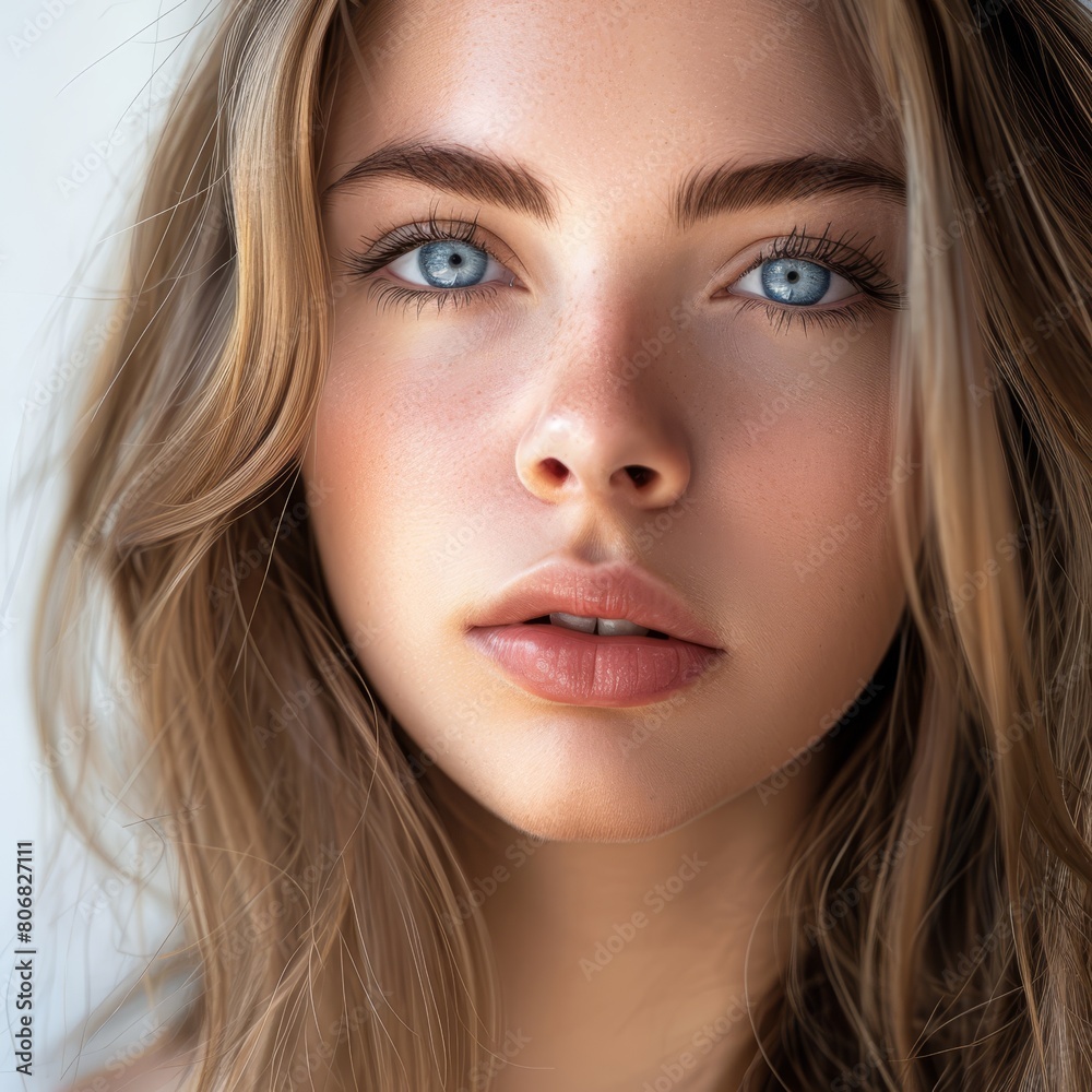   A tight shot of a woman with long blonde hair and piercing blue eyes, enhanced by applied blue eyeshadow