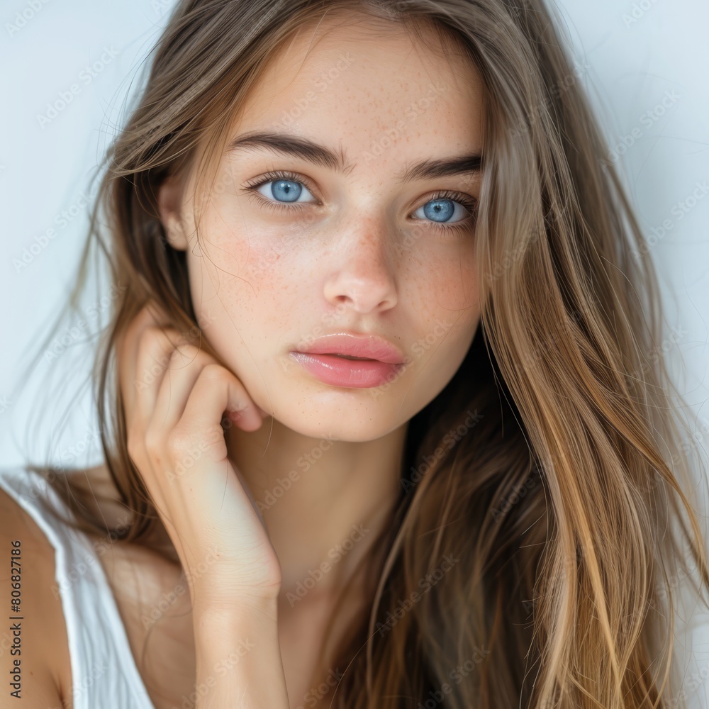 A woman with blue eyes intensely gazes into the camera, her hand resting thoughtfully on her chin A woman with blue eyes intensely gazes into the camera, her hand resting thoughtfully on her chin